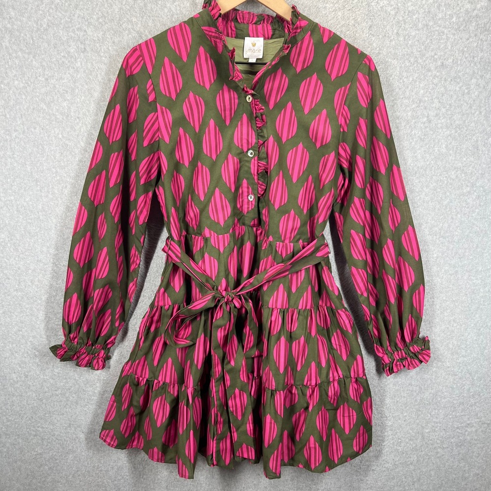 J. Marie Dress Womens Small Pink Olive Green Leaf Print Ruffle Mini Belted EUC